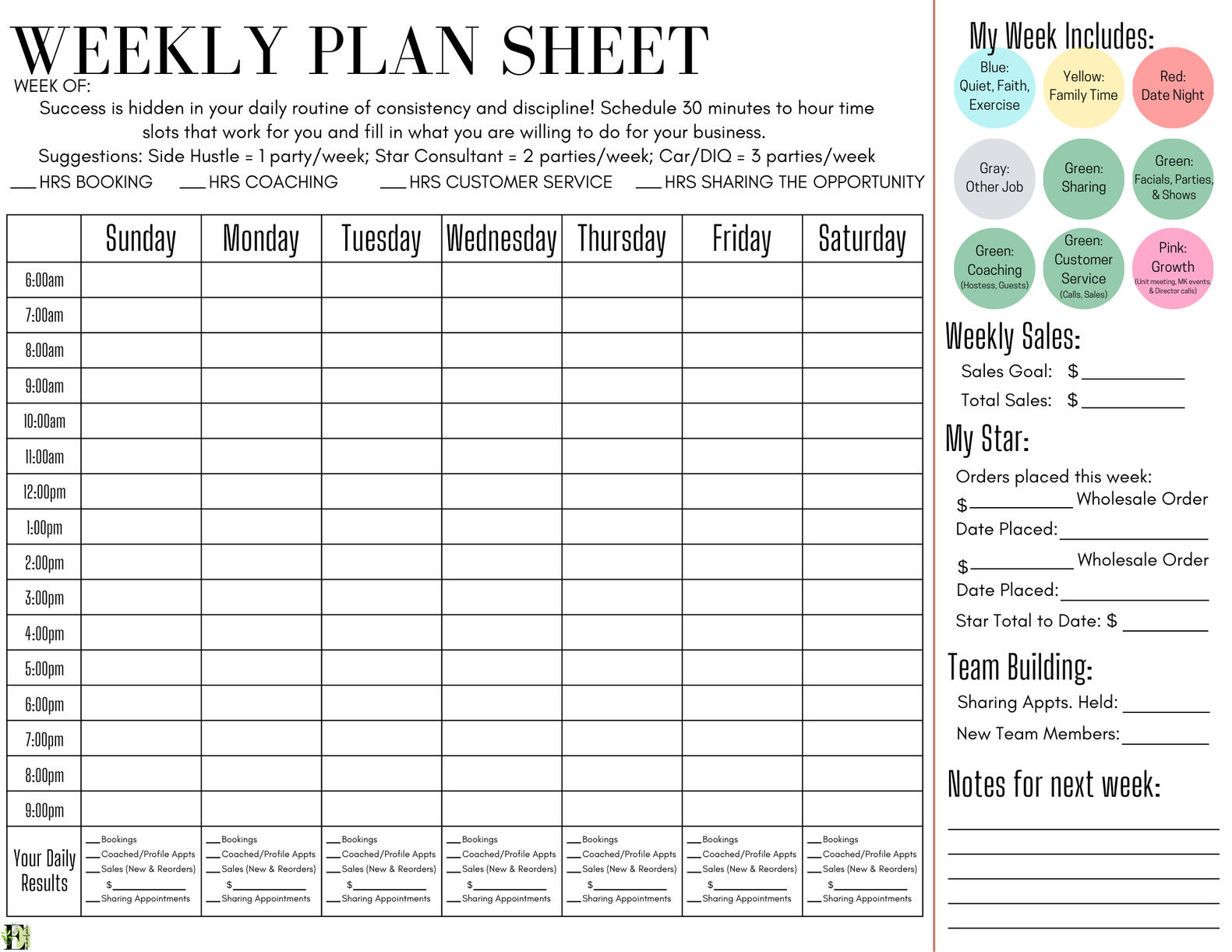 Weekly Plan Sheet